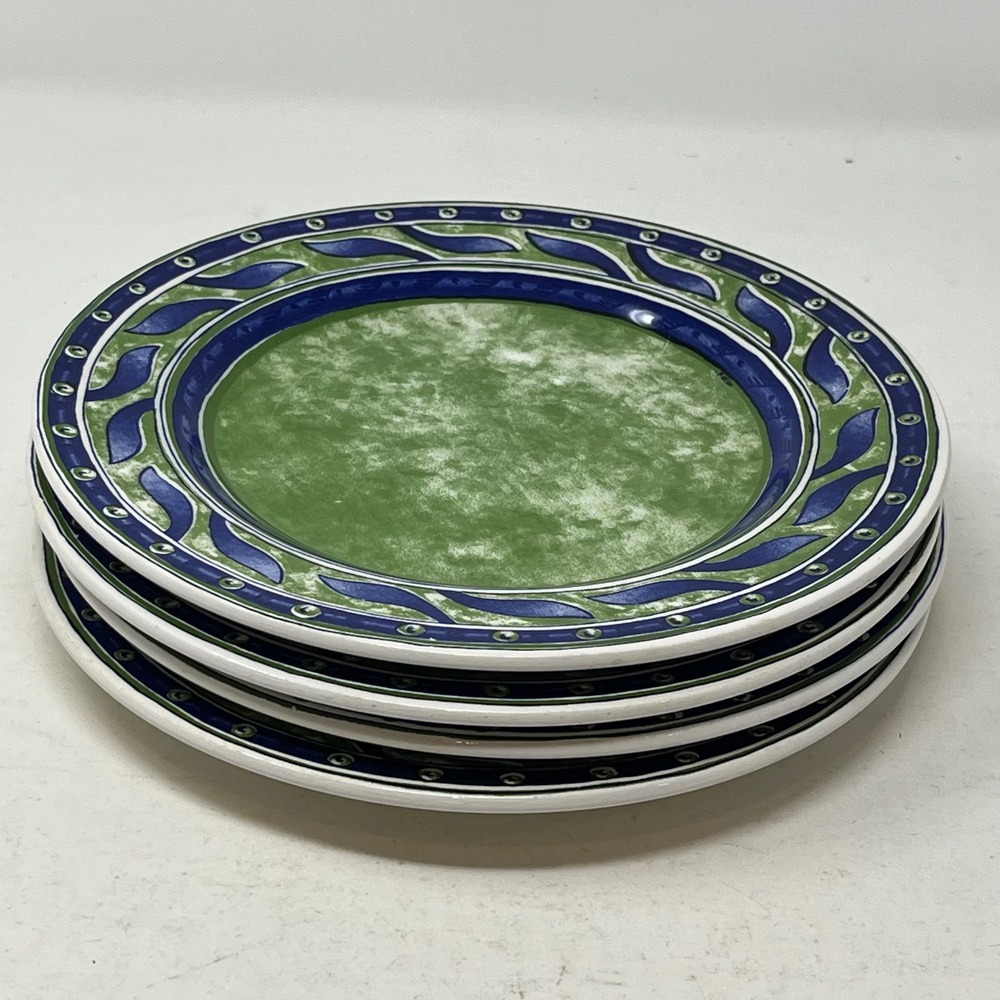 Pier 1 Versailles Salad Plates Set 4 Green Blue Leaf Italy Ceramica Quadrifoglio